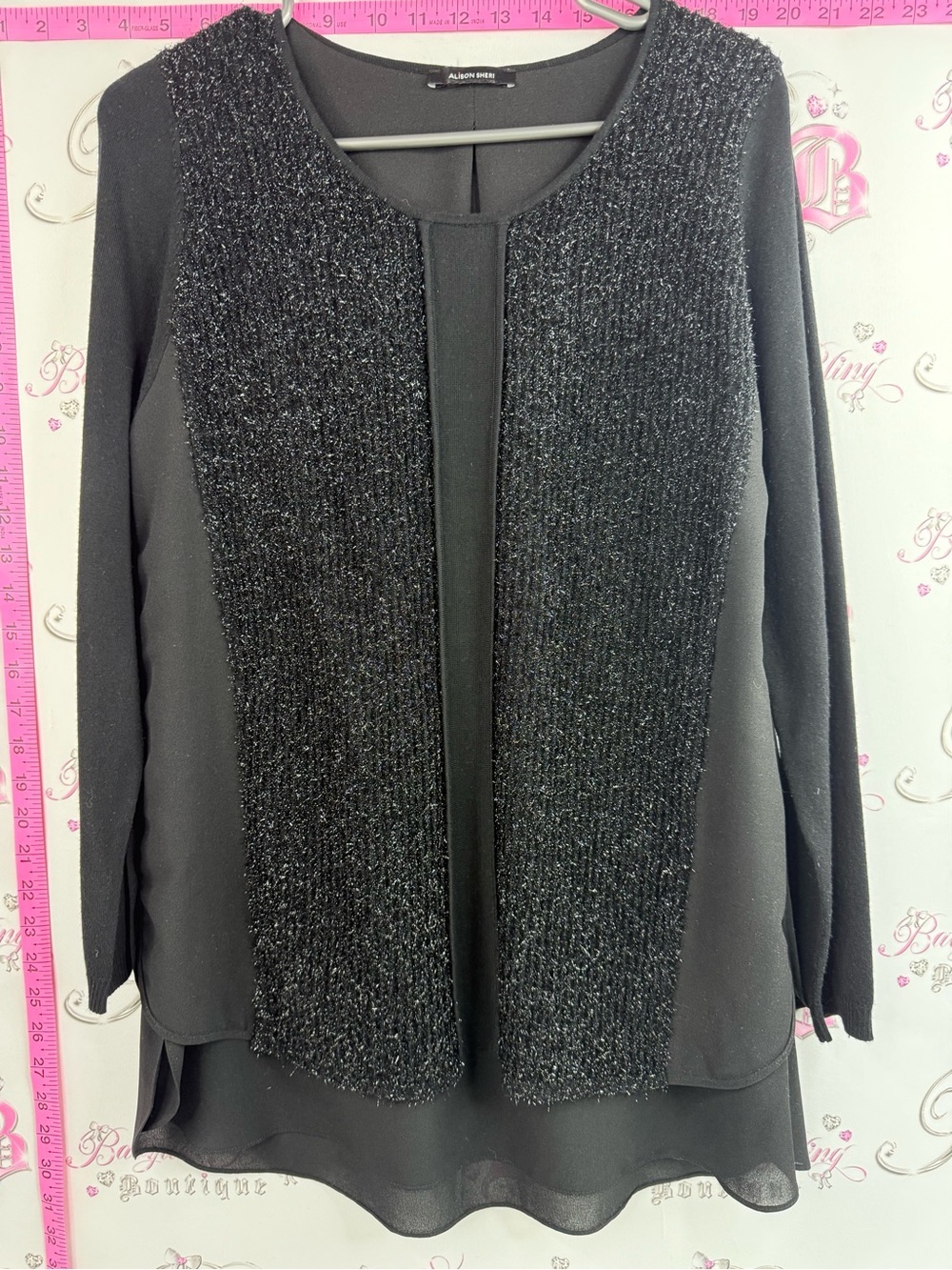 Alison Sheri shirt shiny sparkly tweed Black Textured Front Long Sleeve Top